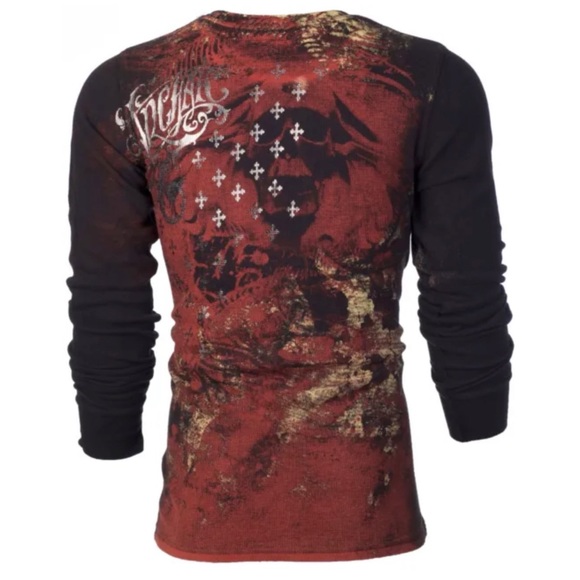 Archaic by Affliction Men's Thermal Shirt BRASS Skull Biker Black - Picture 3 of 9